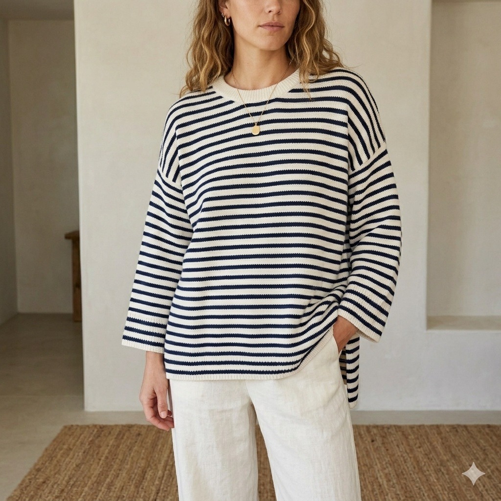 Jenni Kayne Cashmere Boyfriend Sweater Women Xl Blue Cream Striped Coastal
